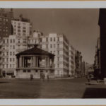 1940 Eighth Avenue, (left) east side, north from Hudson Street (foreground), showing the bandstand silhouetted against a new 6-story apartment house. The latter is on Bleecker Street, between the Avenue and Bank Street (right). Irrespective of this, it will bear an Abingdon Square number. To the left is the 16-story apartment house, No. 20 Abingdon Square, located at the S. E. corner of 8th Avenue and W. 12th Street.  View 2 is limited to first mentioned feature. The dark 5-story dwelling at the left is No. 4 Abingdon Square.  May 12, 1940 April 9, 1940 (from www.oldnyc.org)